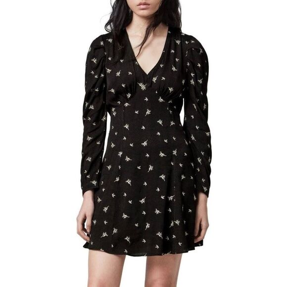 ALLSAINTS Rosi Embroidered Mini Dress Grunge Floral Long Sleeve V-Neck Crepe 4 - Picture 4 of 12